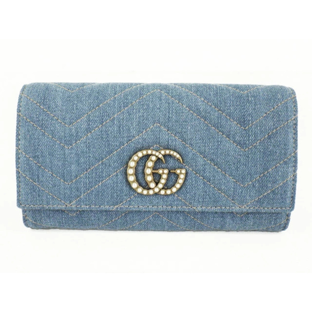 GUCCI GG Marmont Limited Edition Denim Long Wallet Blue Chevron Quilted Bi fold